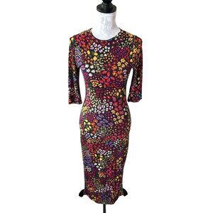 FARM Rio Floral Leopard Print Colorful Midi Dress 3/4 Sleeve Stretchy